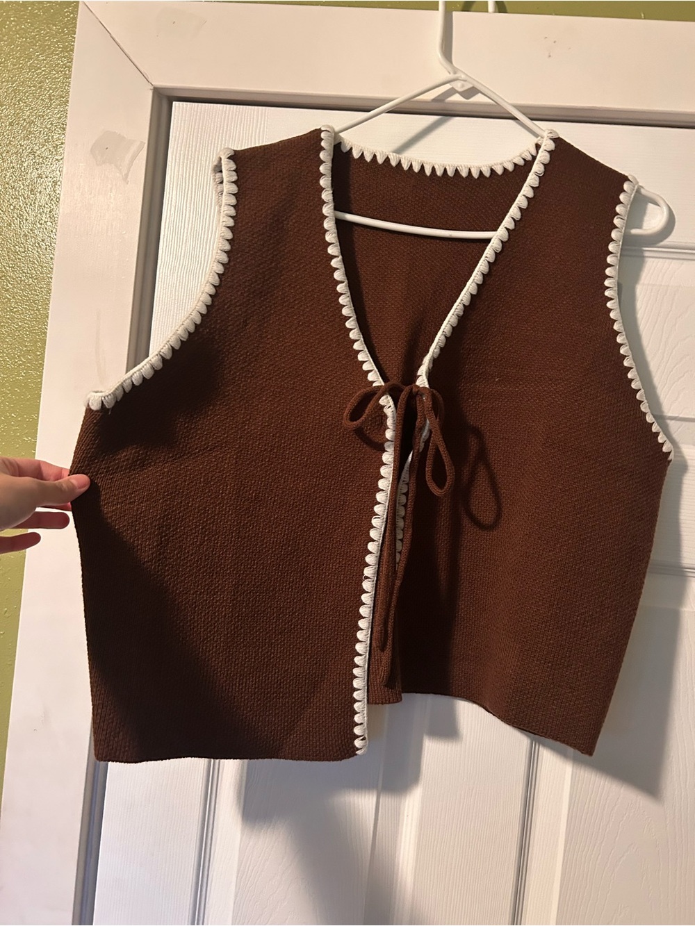 Brown Knit Tie-Front Vest with White Trim - Women
